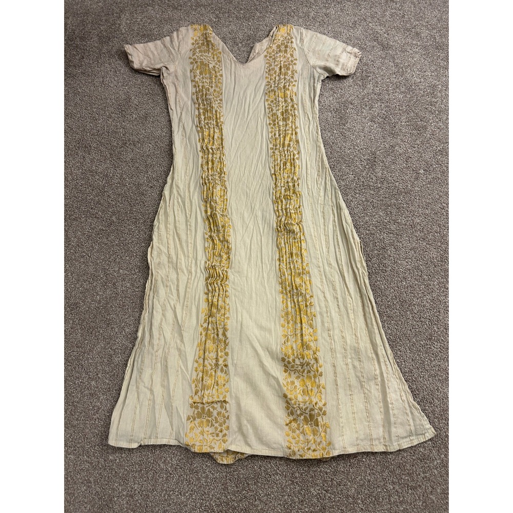 South Asian Kameez Midi Dress Womens Small Cream Gold Excellent Boho Floral